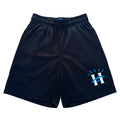 Front view of black mesh shorts featuring HALOD logo and breathable unlined mesh fabric.
