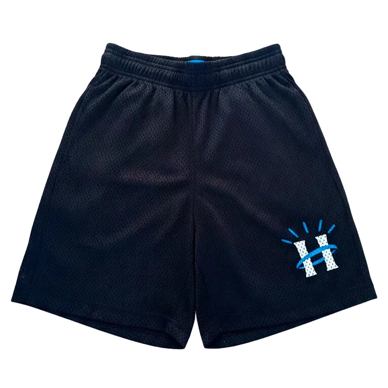 Front view of black mesh shorts featuring HALOD logo and breathable unlined mesh fabric.
