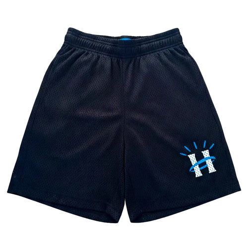 Front view of black mesh shorts featuring HALOD logo and breathable unlined mesh fabric.
