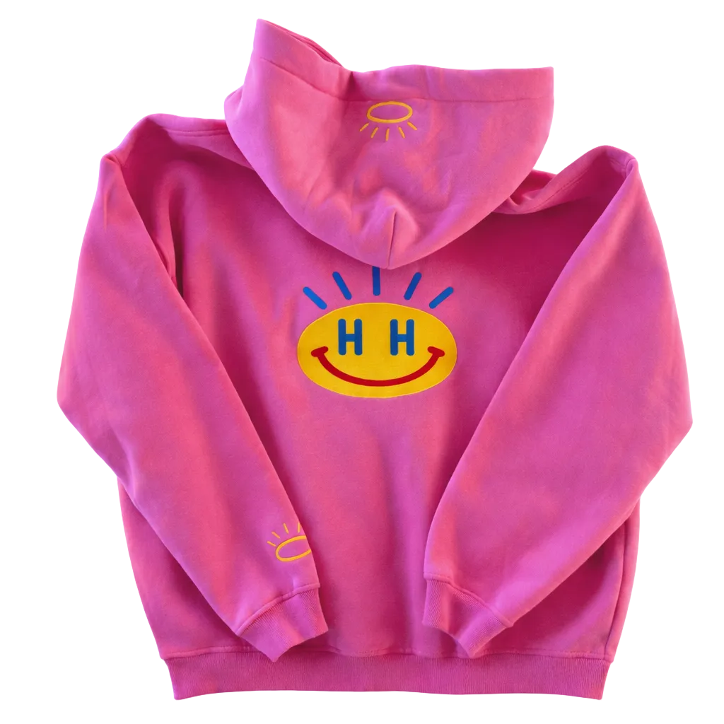 Bubblegum pink teen hoodie with Tatami embroidery fun happy face design, heavyweight cotton-poly fabric, relaxed fit, very soft and luxe. 