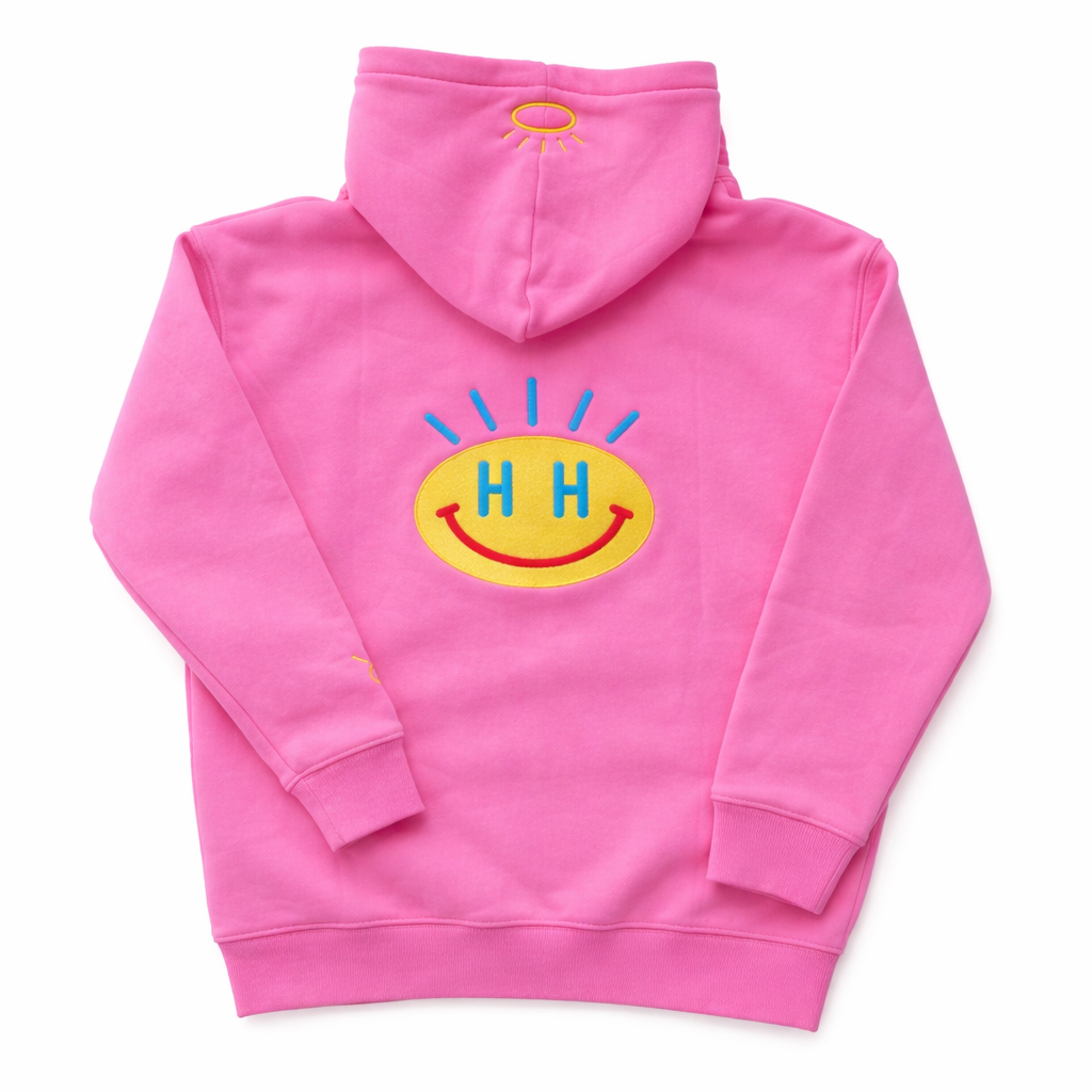 Hot Pink hoodie with a smiley face design on the back against a white background

