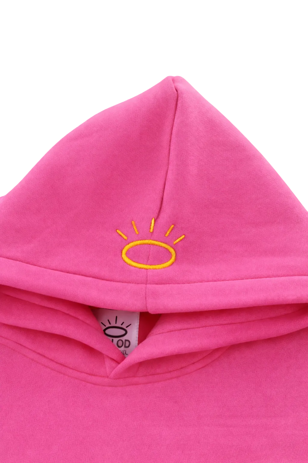 Close-up of a hot pink hood with a yellow embroidered halo hood 