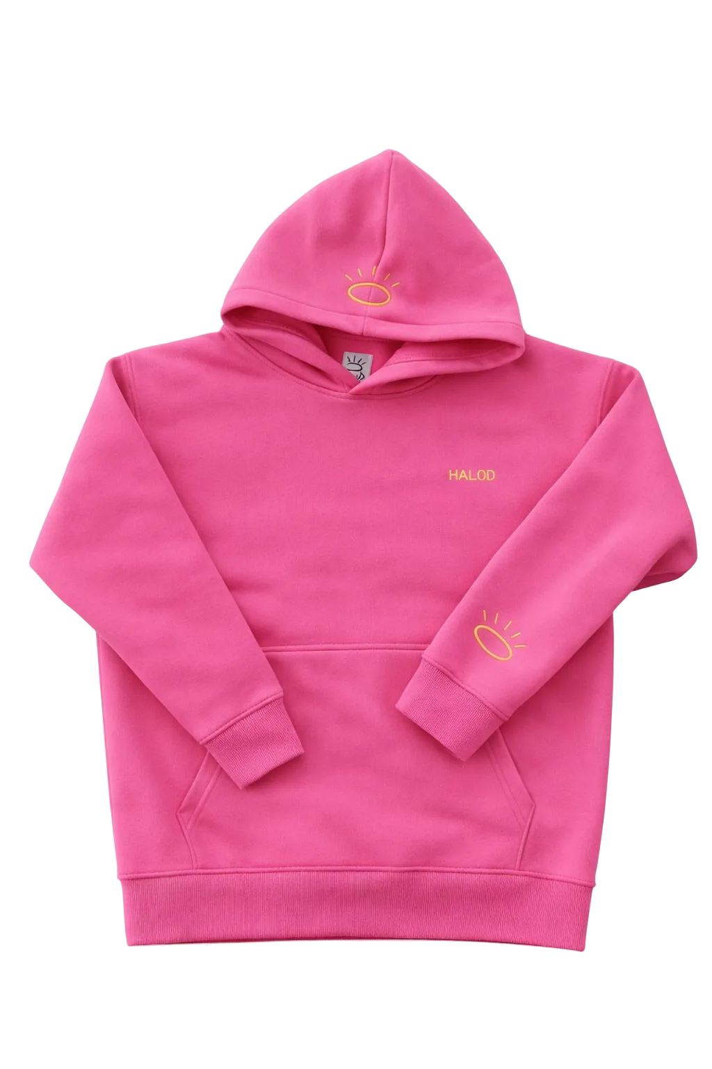 Hot Pink hoodie with brand logo on chest and halo embroidery on sleeve and hood. 