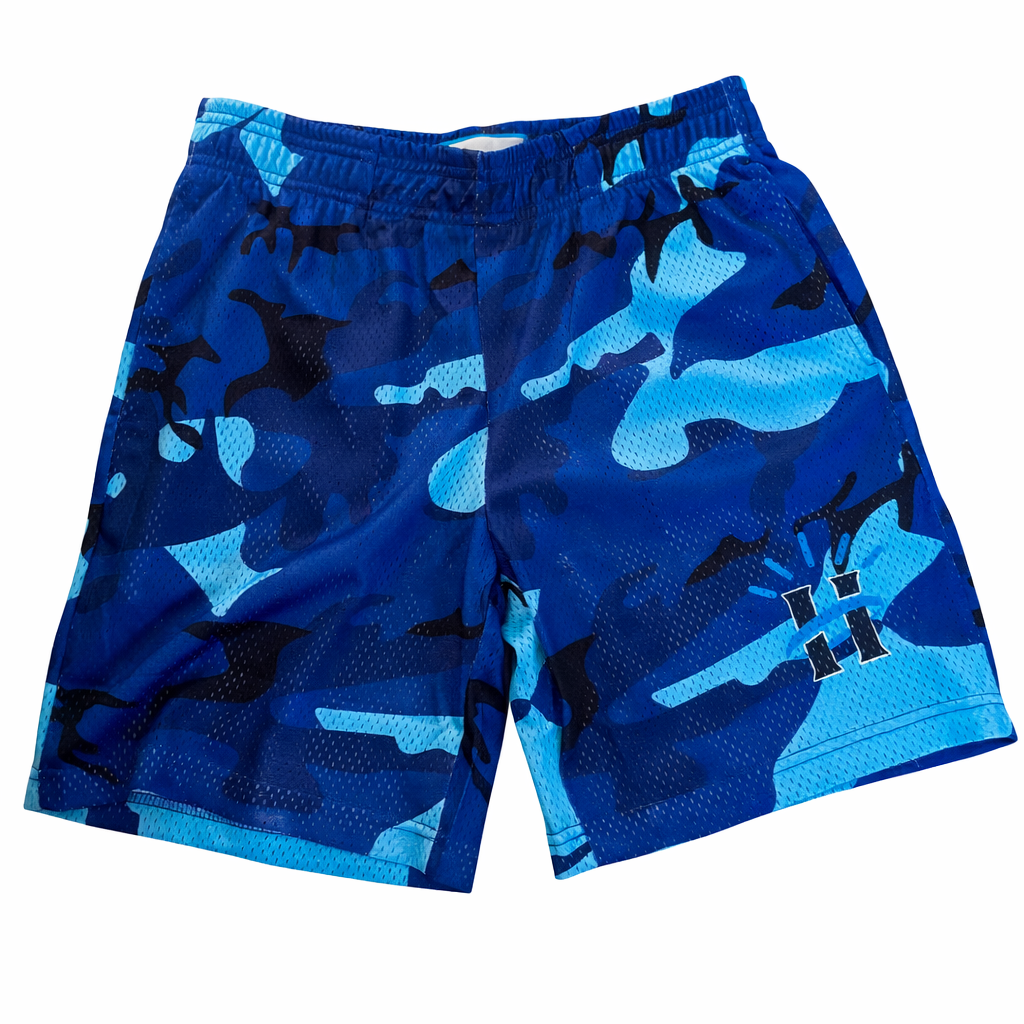 Front view of blue camo mesh shorts featuring HALOD logo and breathable unlined mesh fabric.