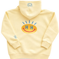 Back view  of cool lemon yellow hoodie featuring flat woven Tatami embroidery SMILEY emblem and thick, luxe fabric.