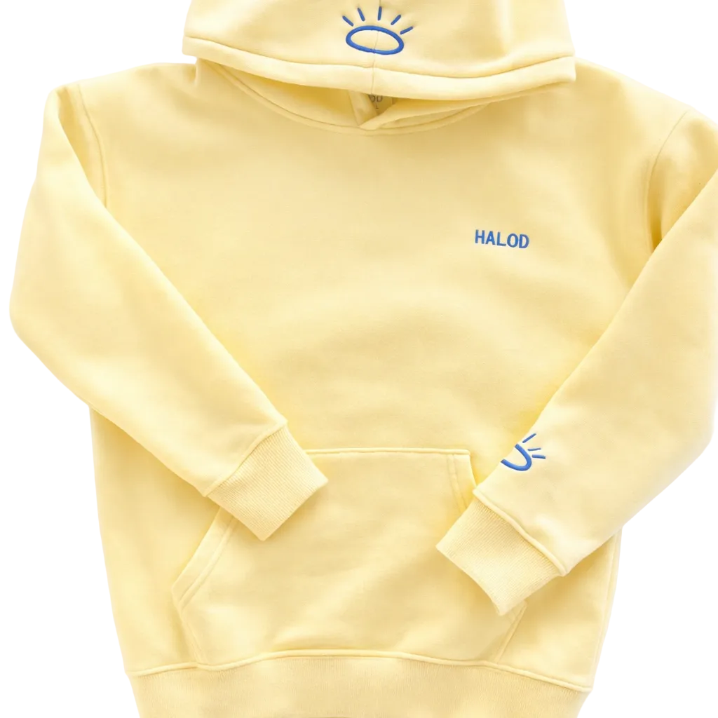 Front view of cool lemon yellow hoodie featuring flat woven tatami embroidery on chest, sleeve and hood and thick, luxe fabric.
