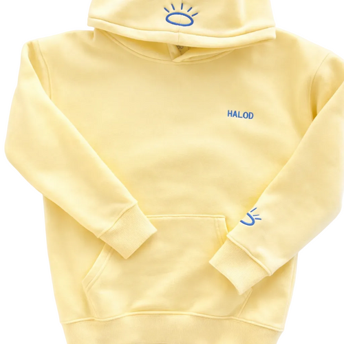 Front view of cool lemon yellow hoodie featuring flat woven tatami embroidery on chest, sleeve and hood and thick, luxe fabric.
